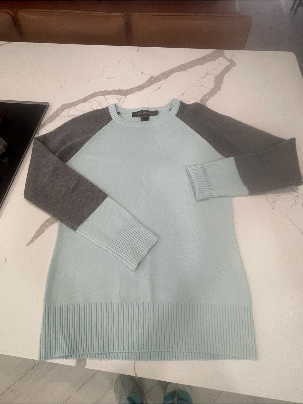 French Connection Light Blue Crewneck Sweater with Gray Raglan Sleeves